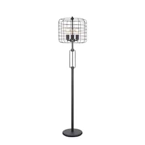 65 in. H Black Industrial Wire Cage 3-Light Standard Floor Lamp for Living Room with Black Metal Shade