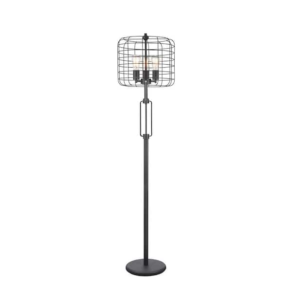 Sunpez 65 in. H Black Industrial Wire Cage 3-Light Standard Floor Lamp for Living Room with Black Metal Shade