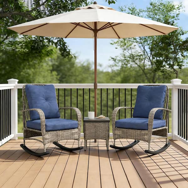 Gray or Light Blue 3-Piece Wicker Patio Conversation Set with Tufted Gray Cushions for Balcony