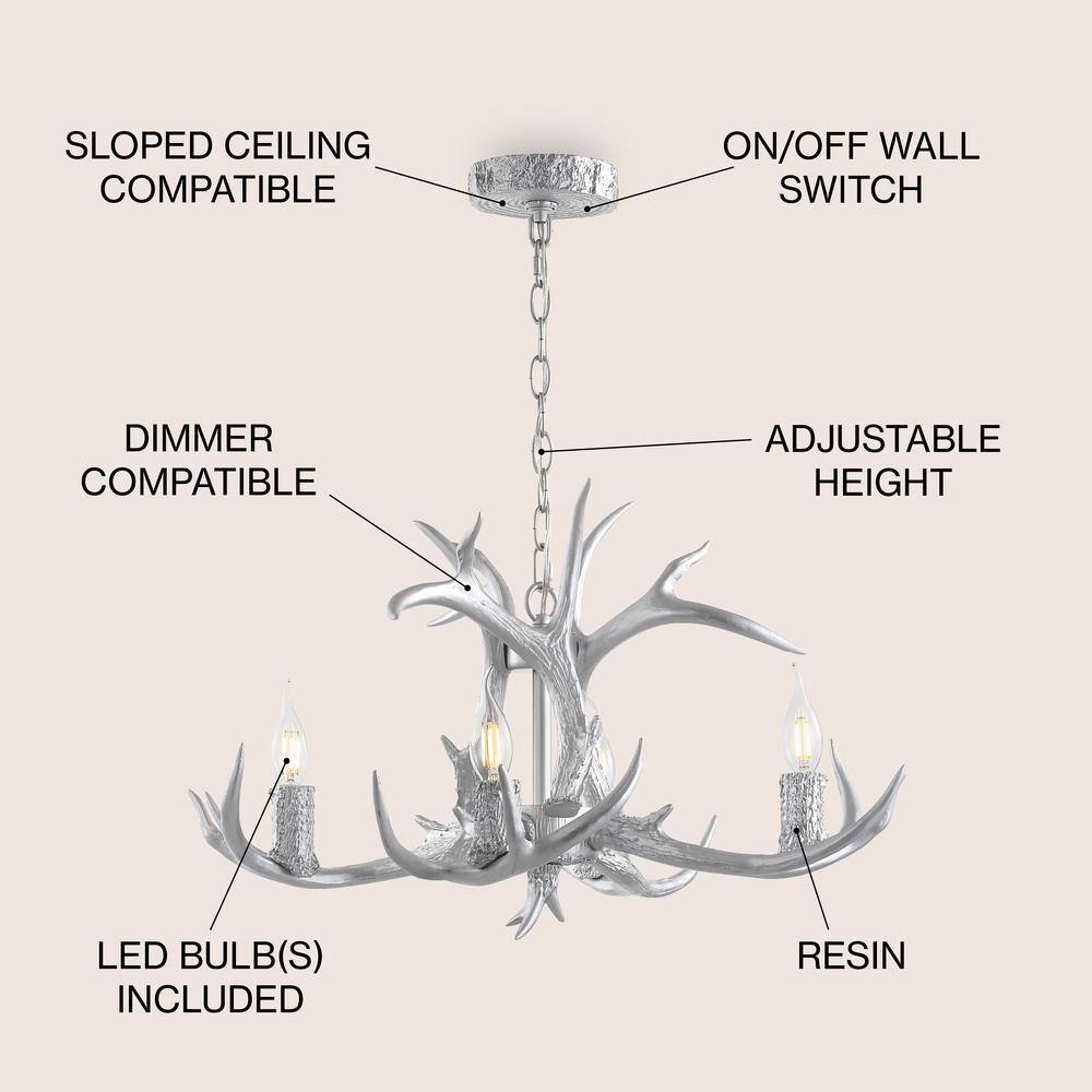 Eldora Rustic 26" Chrome Resin Antler 4-Light LED Chandelier