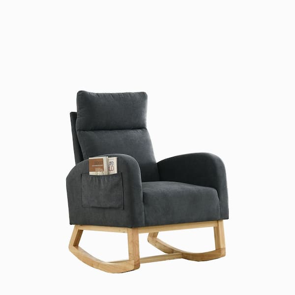 27.6 in. Dark Grey Teddy Fabric Rocking Chair with High Backrest and Side Pockets and Wood Legs for Living Room, Bedroom
