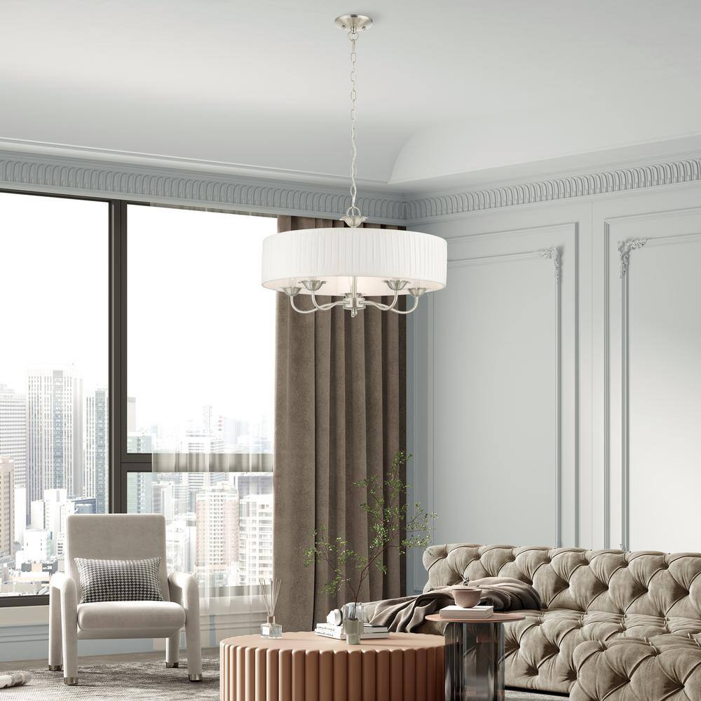 Edinburgh Transitional 5-Light Brushed Nickel Drum Pendant with Pleated Shade