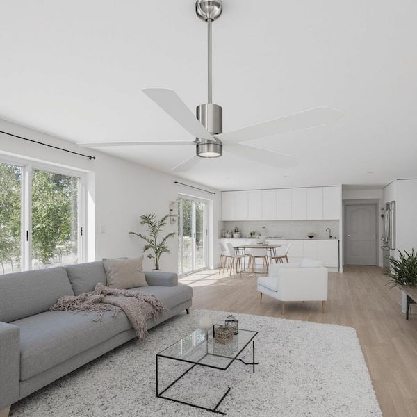 Symbio 56 in. Integrated LED Indoor Brushed Nickel with White Ceiling Fan with Light and Remote Control