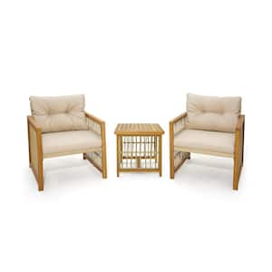 3-Piece Wicker Patio Conversation Set with Acacia Wood Frame and Beige Cushions