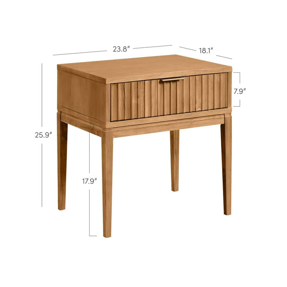 Natural Brown Fluted Wood Nightstand Set with Brass Handles