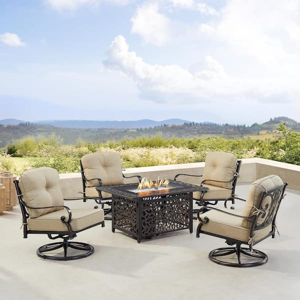 Oakland Living Black Aluminum Fire Table Set with 4-Club Chairs