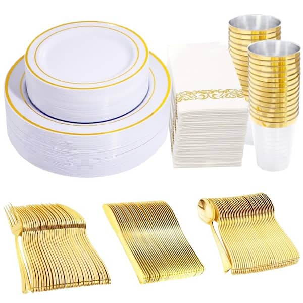 350-Piece Plastic Dinnerware Set for 50 Guests with Plates, Rolled Napkins and Silverware, Disposable, White