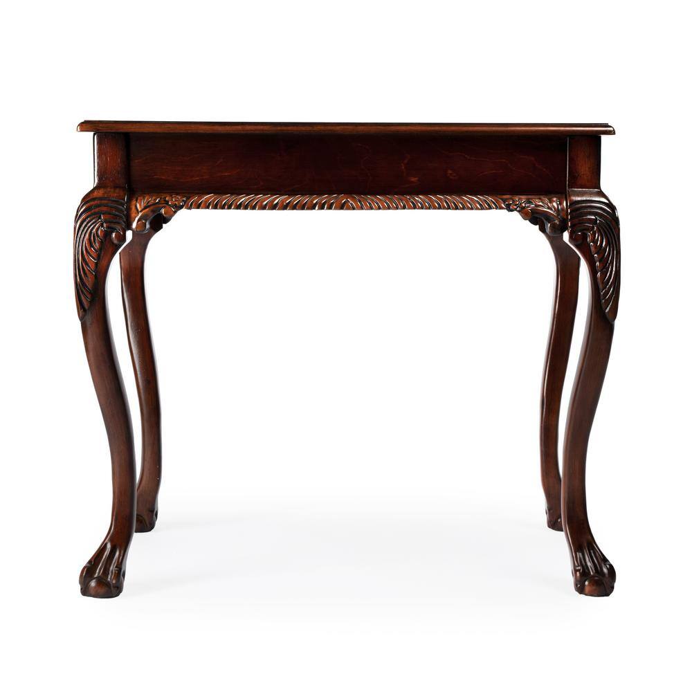 Cherry Brown Wood Writing Desk with Drawer and Carved Details
