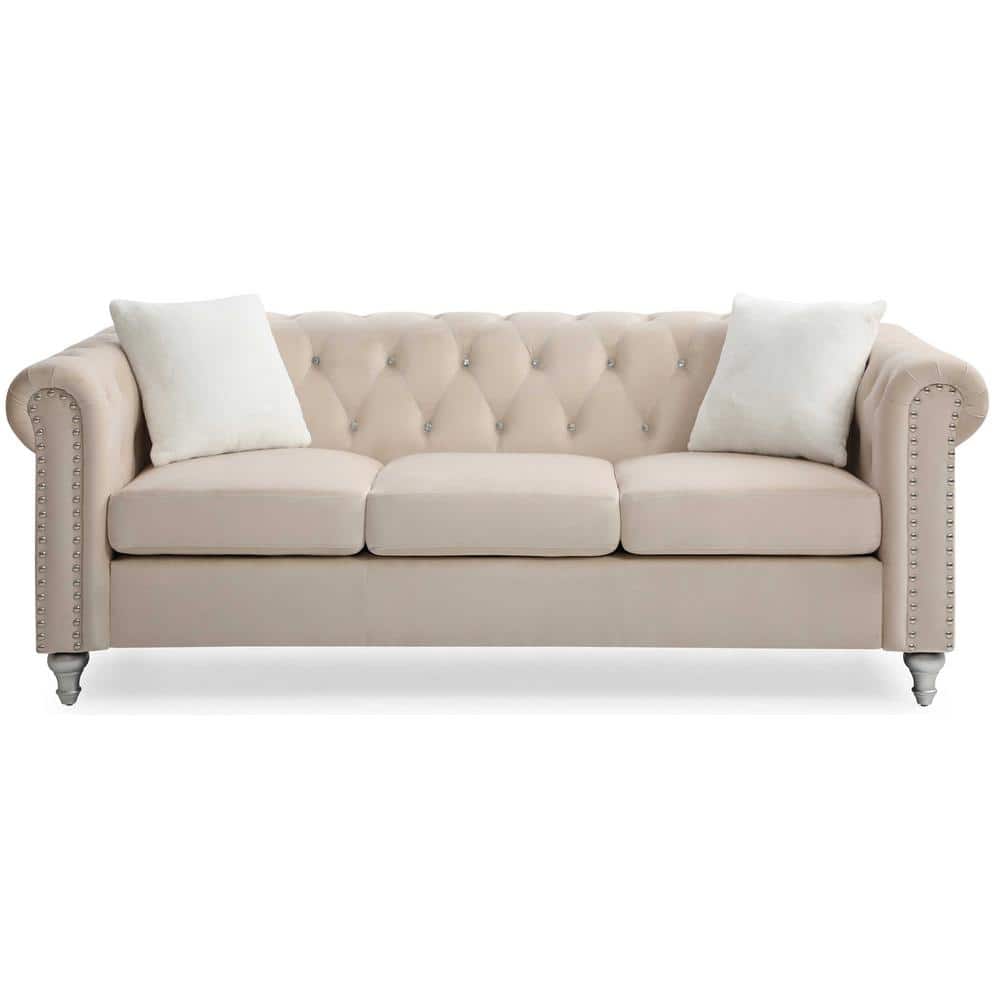 Raisa 83 in. Beige Round Arm Straight Velvet 3-Seater Sofa with 2-Throw Pil