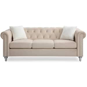 Raisa 83 in. Beige Round Arm Straight Velvet 3-Seater Sofa with 2-Throw Pillow