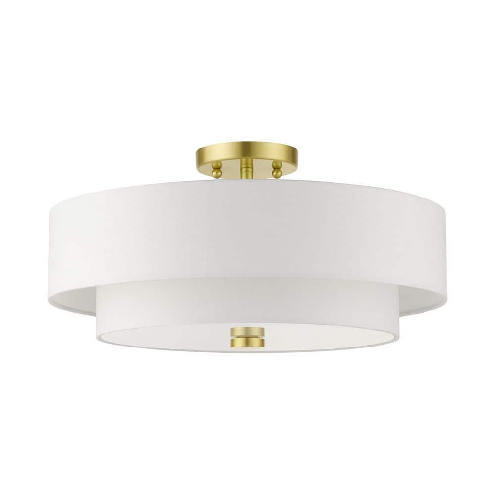 Satin Brass 4-Light Indoor/Outdoor Semi-Flush Drum Mount with Off-White Shade