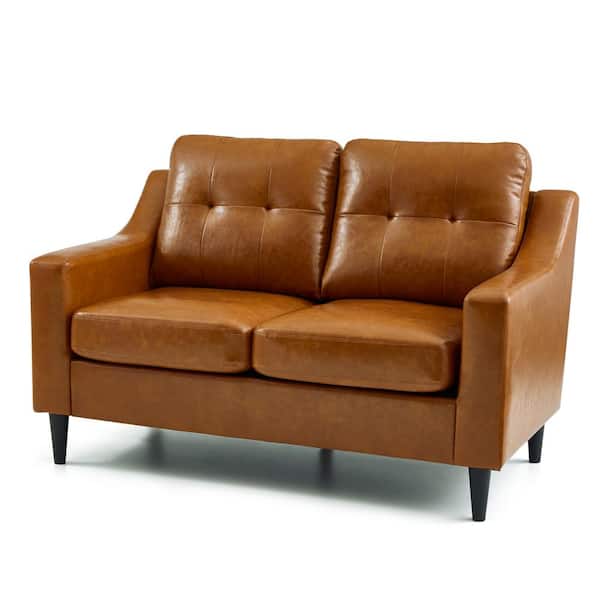 2 Seater Scooped Arm Loveseat, Camel Faux Leather Sofa