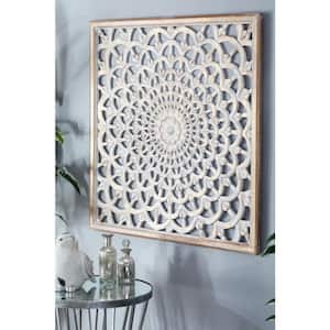 Wood Brown Handmade Intricately Carved Floral Wall Decor with Mandala Design