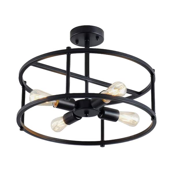 4-Light Semi-Flush Mount Ceiling Light with Black Metal Round Shade, E26 Bulb Not Included