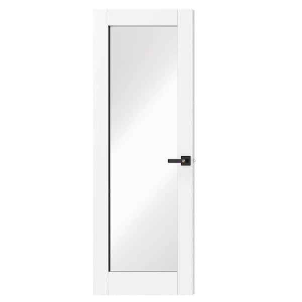 TENONER 28 in. x 80 in. MDF and Solid Wood, Full Lite, Mirrored Glass, White Primed Interior Door Slab With Black Lever Handle