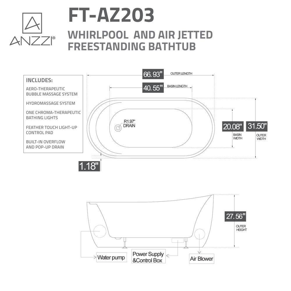 Janet 67'' White Freestanding Acrylic Air and Whirlpool Bathtub