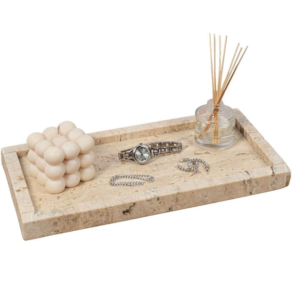 Luxe Stone Beige 12 in. x 6 in. Classic Minimalist Rectangular Marble Bathroom Countertop Decorative Tray, Travertine
