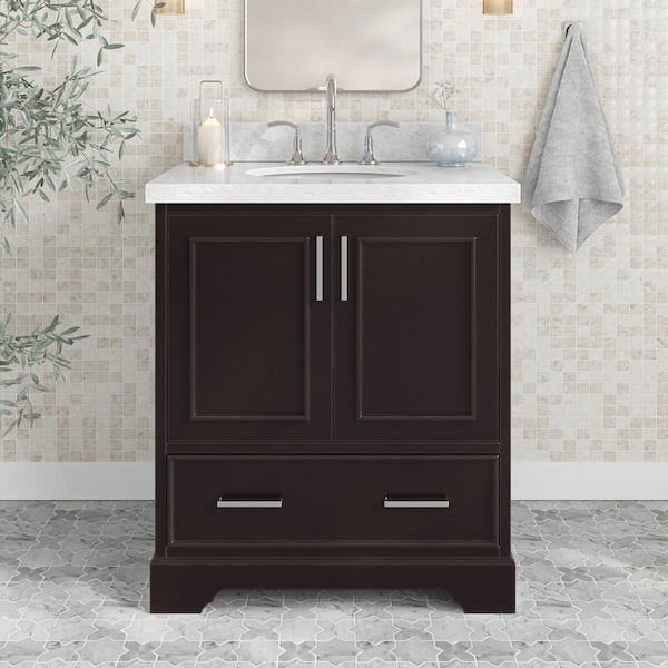 ARIEL Stafford 30 in. W x 22 in. D x 36 in. H Single Sink Freestanding Bath Vanity in Espresso with Carrara White Marble Top