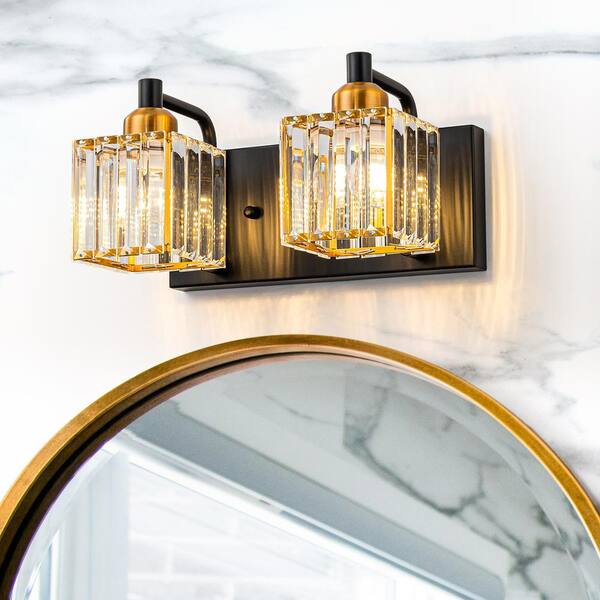 EDISLIVE Orillia 11.4 in. 2-Light Black Gold Bathroom Vanity Light with Crystal Shades
