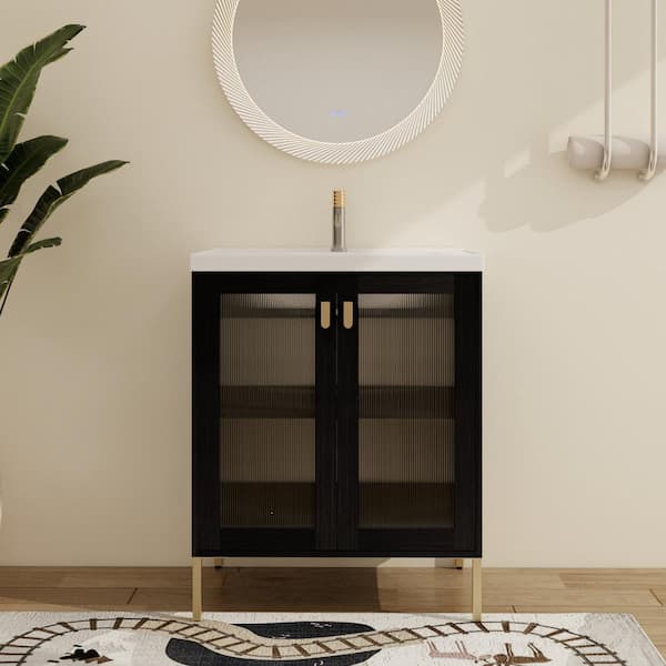 ARTCHIRLY 27.8 in. W x 18.5 in. D x 34.8 in. H Freestanding Bath Single Vanity in BlackChestnut with White Ceramic Vanity Top