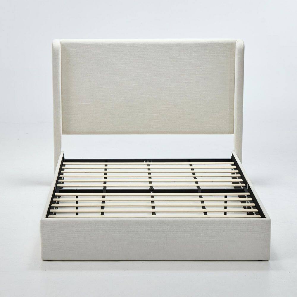 Kilby White Wood Frame King Size Platform Bed with Upholstered Wingback High Headboard Ivory - thumbnail 2