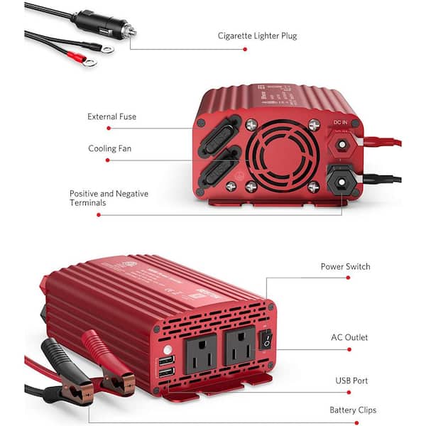 BESTEK 500-Watt Red Pure Sine Wave Power Inverter DC 12-Volt to AC