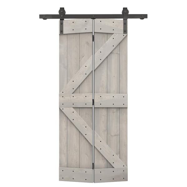 CALHOME 24 in. x 84 in. K Series Solid Core Silver Gray Stained DIY Wood Bi-Fold Barn Door with Sliding Hardware Kit