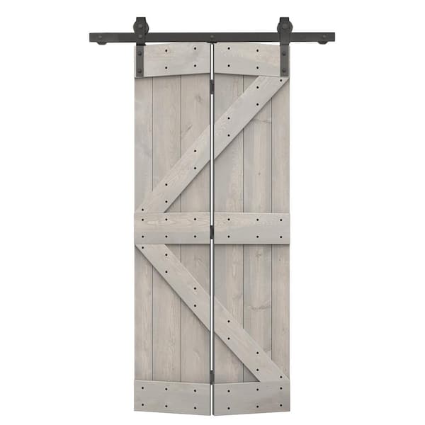 CALHOME 30 in. x 84 in. K-Series Solid Core Silver Gray Stained DIY Wood Bi-Fold Barn Door with Sliding Hardware Kit