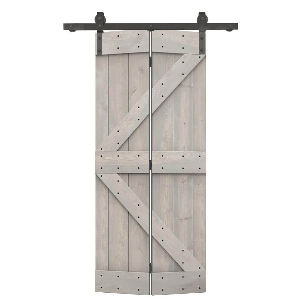 CALHOME 36 in. x 84 in. K Series Solid Core Silver Gray Stained DIY Wood Bi-Fold Barn Door with Sliding Hardware Kit