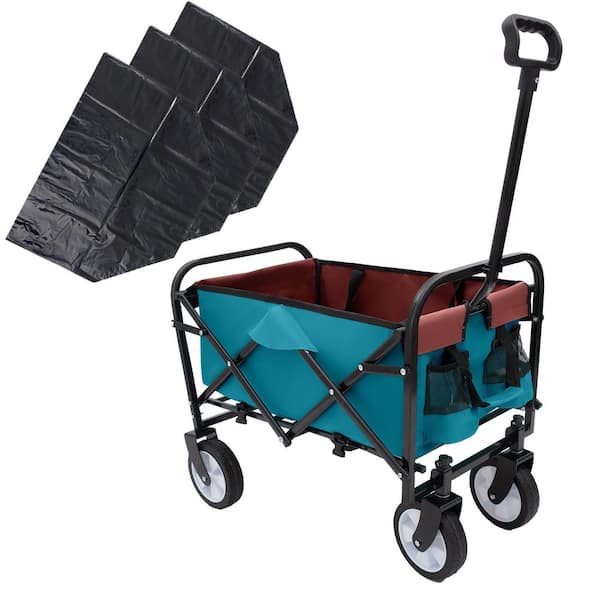 10 cu. ft. Steel Garden Cart, Multi-use Collapsible Foldable Wagon Cart with 3pcs Plastic Liner Bag /Cover in Cyan