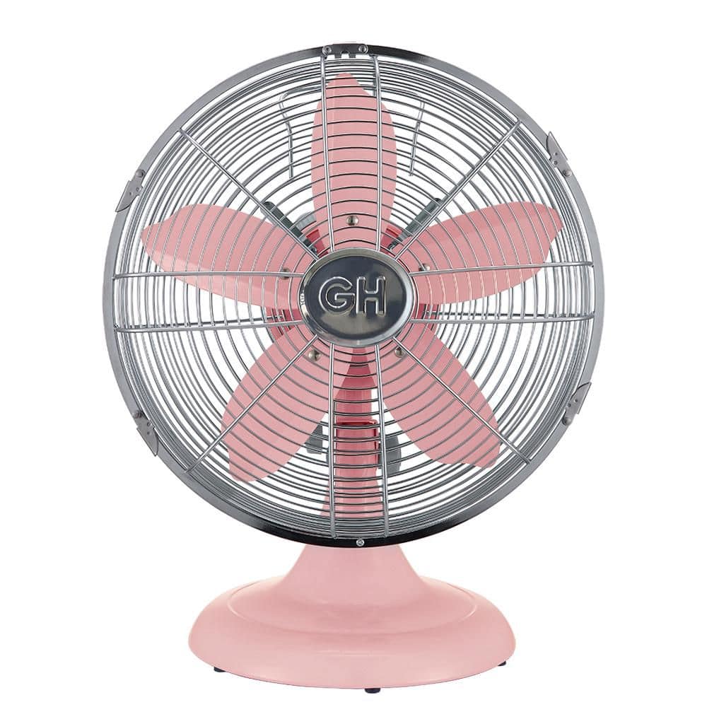 Retro 12 in. All-Metal Table/Desk Fan with 3-Speed Settings, Wide Oscillation, and Carrying Handle in Pink, image size:1000x1000