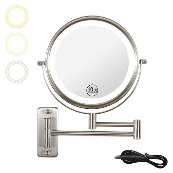 LED Lighted 8 in. W x 8 in. H Round 2 Side 1x/10x Magnifying Wall Bathroom Makeup Mirror in Nickel (Type-C Charge)