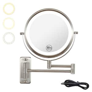 8 in. LED Lighted 1X/10X Magnifying Mirror Wall-Mount Bathroom Makeup Mirror in Brushed Nickel (Battery/USB Powered)