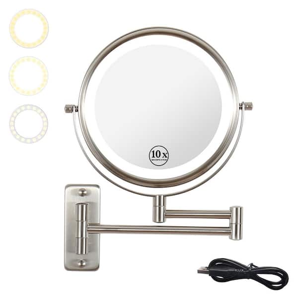 INSTER 8 in. LED Lighted 1X/10X Magnifying Mirror Wall-Mount Bathroom Makeup Mirror in Brushed Nickel (Battery/USB Powered)