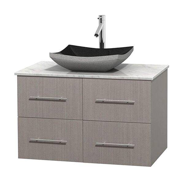 Wyndham Collection Centra 36 in. Vanity in Gray Oak with Marble Vanity Top in Carrara White and Black Granite Sink