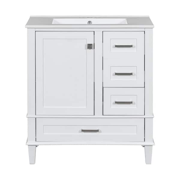 30 in. Single Sink Freestanding White Bath Vanity with White Ceramic Top, Solid Wood Frame