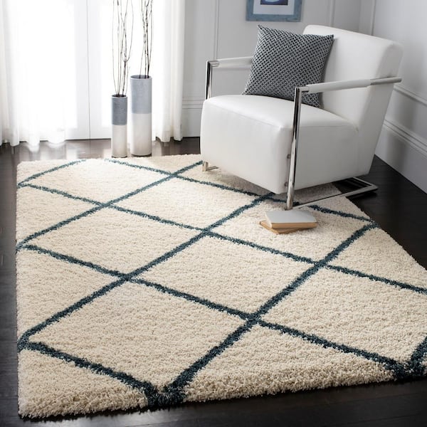 Hudson Shag 11 ft. x 15 ft. Ivory/Steel Blue Geometric Diamonds Area Rug