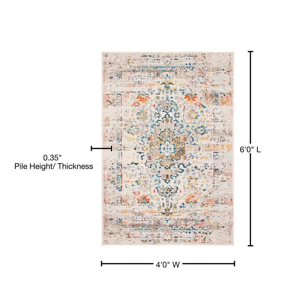 Cream and Blue Vintage Distressed Synthetic Area Rug