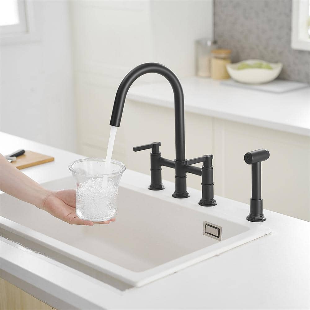 Matte Black Brass Bridge Kitchen Faucet with Side Sprayer