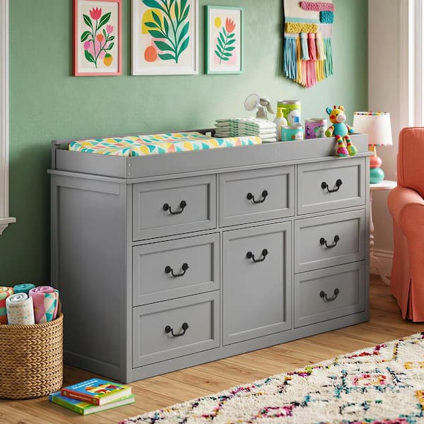 grey dresser changing table FUFU&GAGA 58.7 in. W Gray Pine Wood Dressers, Kids Dressers, Changing Table  with 8 Drawers, Open Shelf and Cabinet Storage L-THD-330200-02-c2