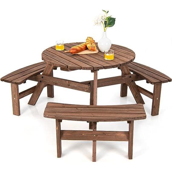 Homeware wood round table with umbrella and 2 online chairs