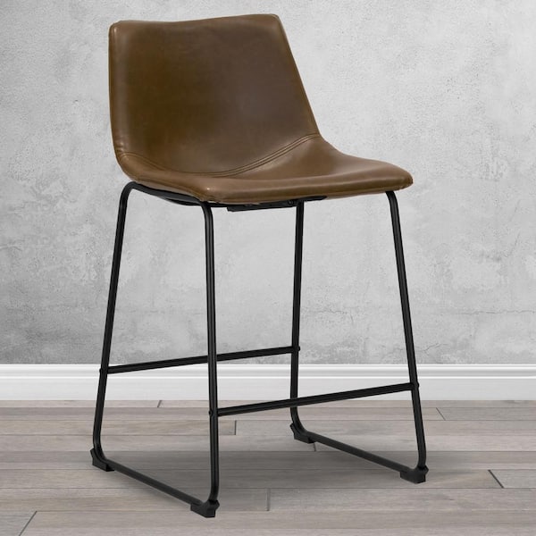 Dark Brown Faux Leather Counter Stool, Whiskey Brown Faux Leather Bar Stools Set Of 2