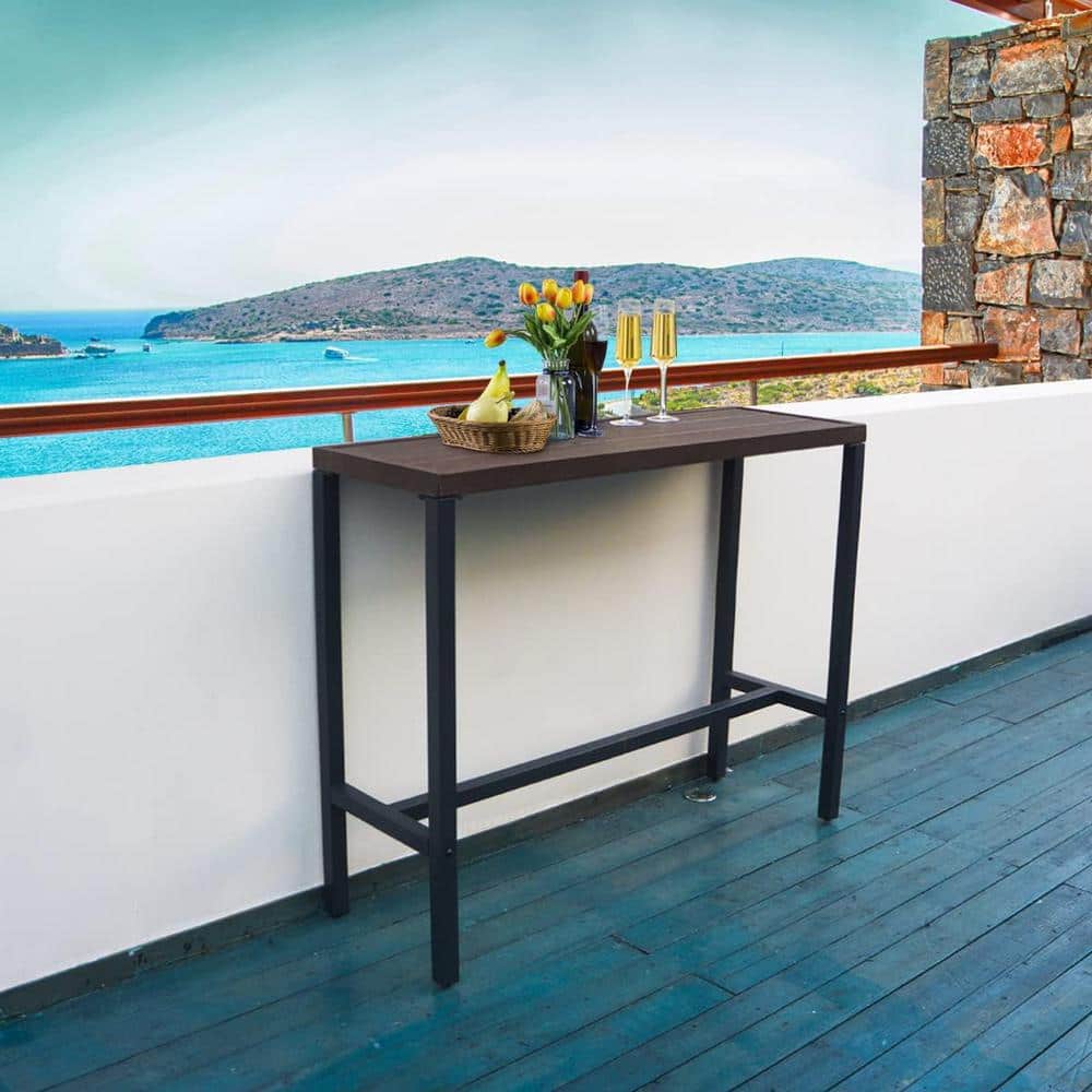 Black Metal Outdoor Dining Table, Outdoor Counter Height Bar Table Wood-Lik
