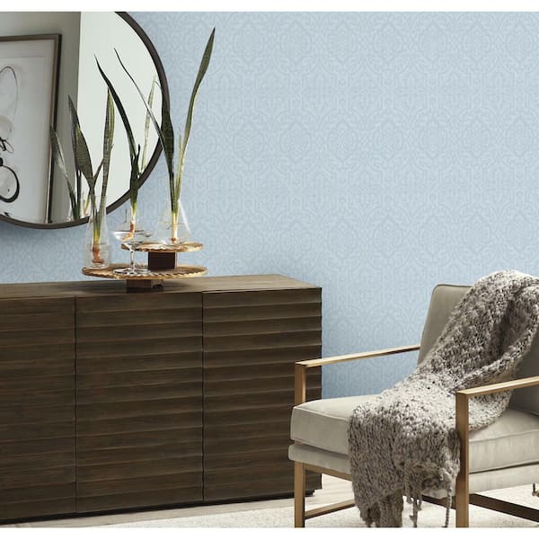 60.75 sq ft Blue Catherdral Damask Pre-Pasted Wallpaper