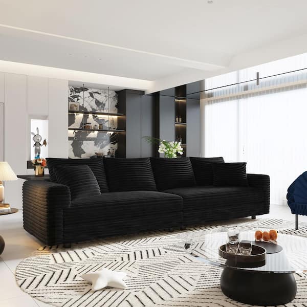 102.4 in. Square Arm Corduroy U-Shaped Sofa with Pillows and Ottoman in Black (Seats 4)