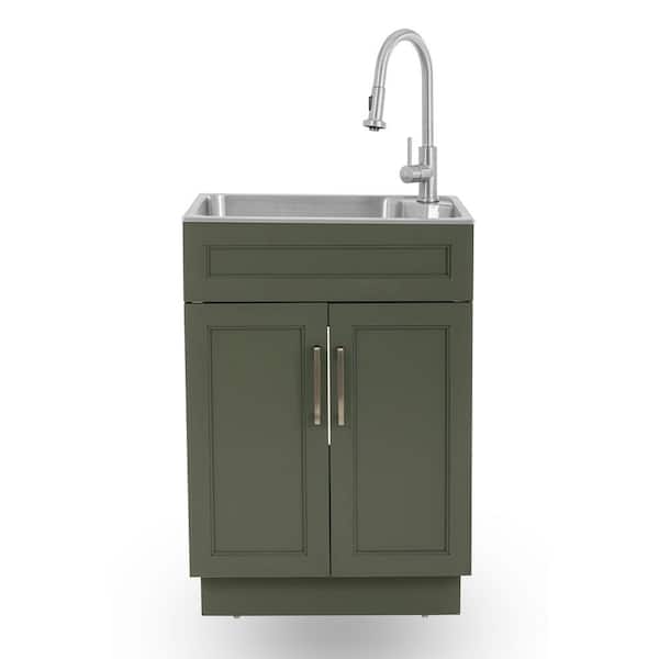 24 in. Drop-in Stainless Steel Laundry Sink with Cabinet Ready to Assemble in Green with Pull-Down Faucet