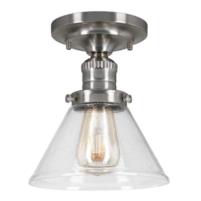 Cavell 7.9 in. 1-Light Satin Nickel Semi-Flush Mount with Clear Seedy Glass Shade and No Bulbs Included