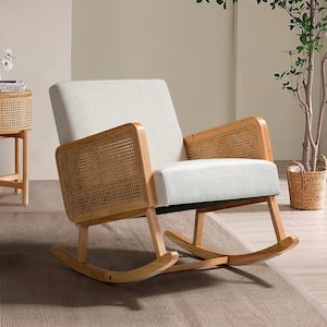 Classic Modern Wood Rocking Chair with Rattan Arms- Beige