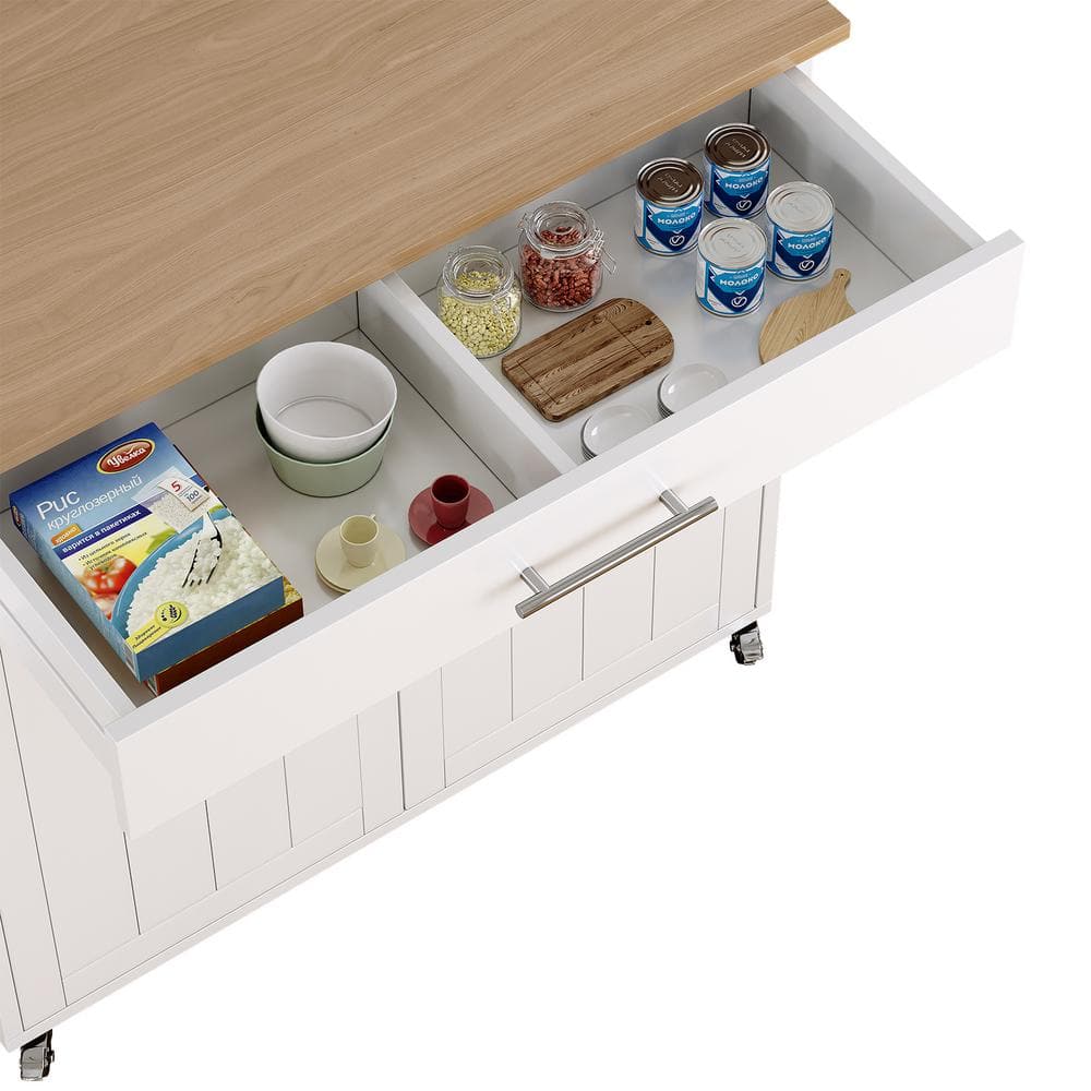 White and Natural Wood Rolling Kitchen Island with Storage Cabinet