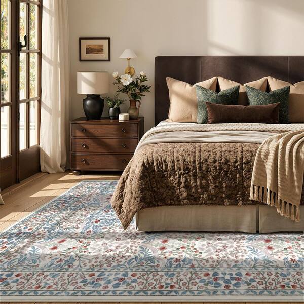 Lahome Boho Floral Botanical Washable Non Slip Beige 5 ft. x 7 ft